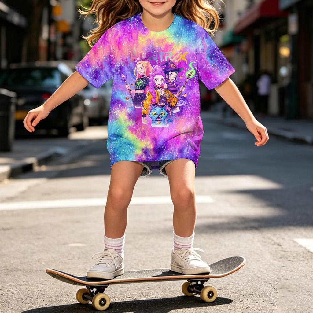 Girls Loose Fit Short Sleeve T Shirt Halloween Inspired Demon Hunter Print Casual Comfortable Top for Kids