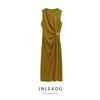 Jnleaog Autumn New Women's Clothing Fashion Style Ruched Temperament Crew Neck Sleeveless Midi Skirt Dress 5029067