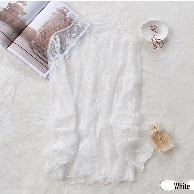 Four Seasons Lace Mesh Semi-High Neck See-Through Long Sleeve Korean-Style Blouse