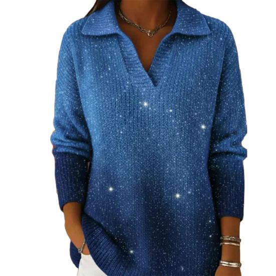 Damen Pullover Revers Langarm Schimmernde Pailletten-Details Farbverlauf Design Locker Geschnitten Strickoberteile Locker Geschnitten Winterstrickware
