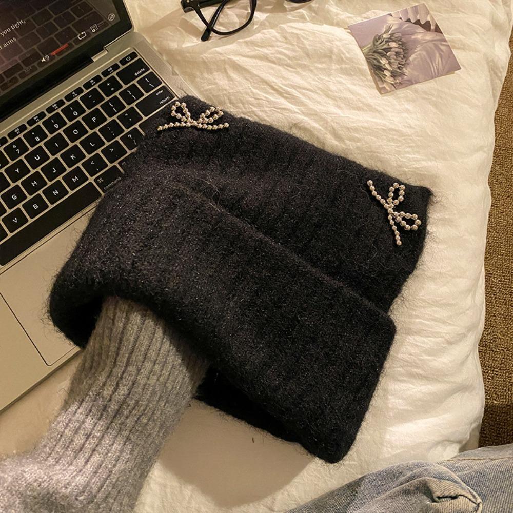 Bow Knitted Pullover Hat Fluffy Winter Wool Hat Keep Warm Cat Ears Beanie Hat  Girls