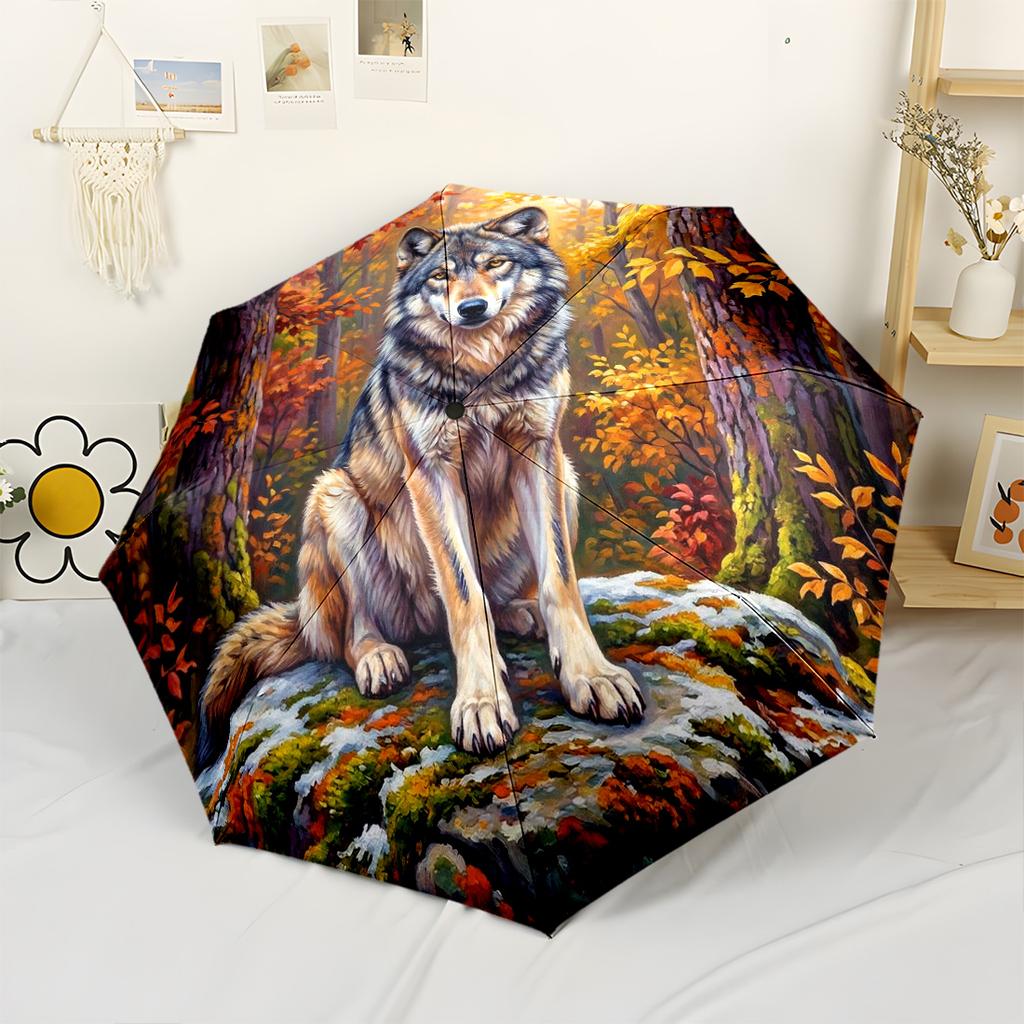 Automatischer Outdoor-Regenschirm „Autumn Wolf Majesty“ mit 8 Streben aus robustem Kunststoff und Eisen – perfekt für Outdoor-Abenteuer und ein stilvolles Accessoire.