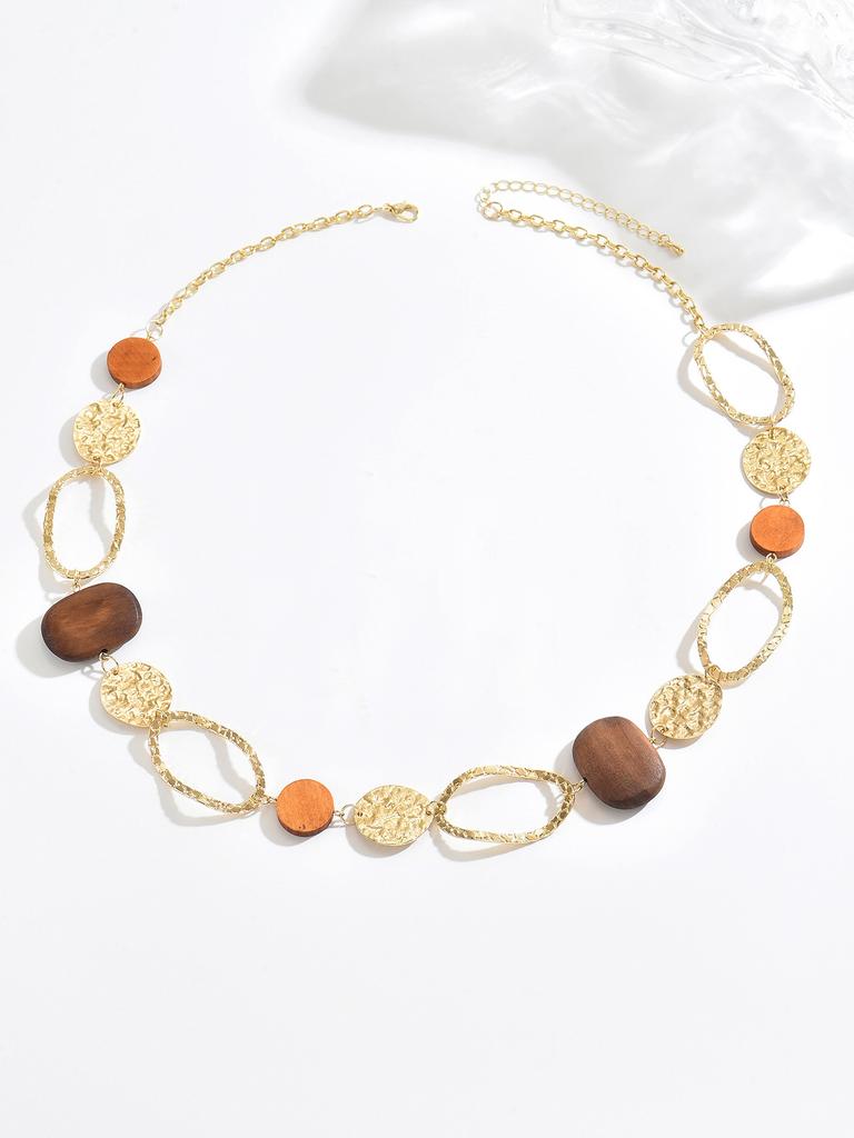 Set di Collana Lunga con Perline e Orecchini in Legno Intarsiato Circolari Vuoti Stile Retro Maillard