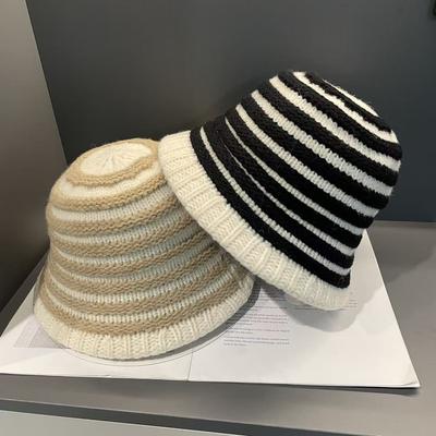 Koreanischer Stil Retro Gestreifte Gestrickte Fischerhut für Damen im Herbst und Winter Vielseitig Gesichtsfreundlich Kleines Temperament Warmer Wolliger Eimerhut