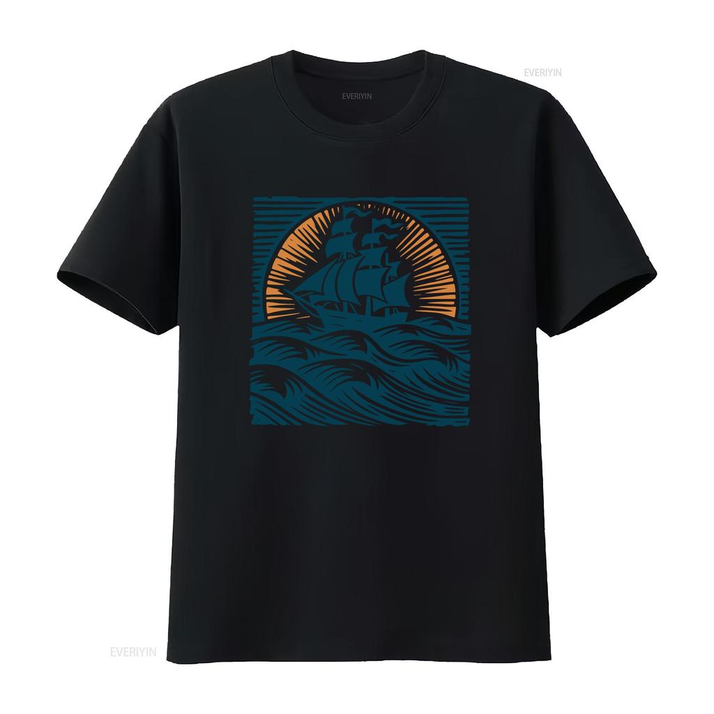 Vintage Nautical Sailing Ship Sunset Ocean Wave Print Casual T Shirt Vintage Washed Designer Clothes Stretched Unisex