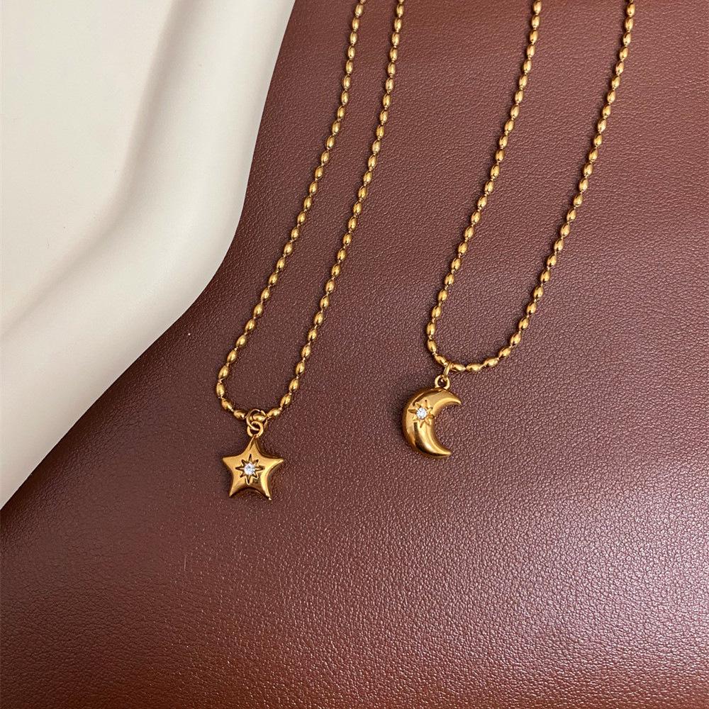 Edelstahl Strassstern und Mond Anhänger Halskette für Damen