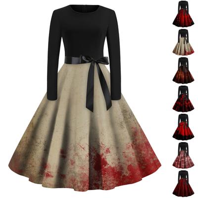 Women's Vintage Long Sleeve Halloween Print Family Party Prom Dress