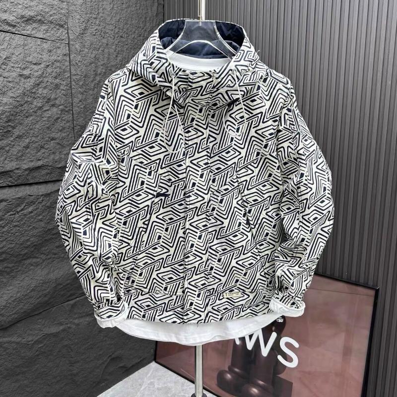 Men Trendy Appliques Print High Street Zipper Hooded Windbreaker Jacket Autumn Casual Long Sleeve Coats