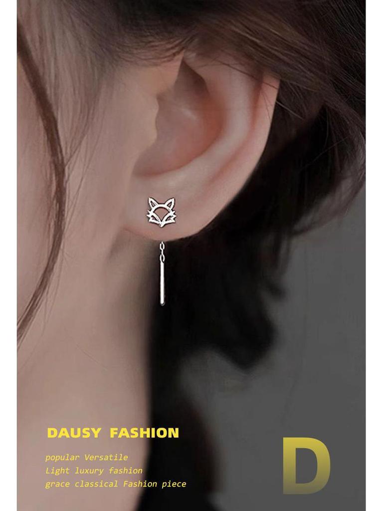 999 Sterling Silver Fox Ear Thread High-End Tassel Dangle Earrings for Women