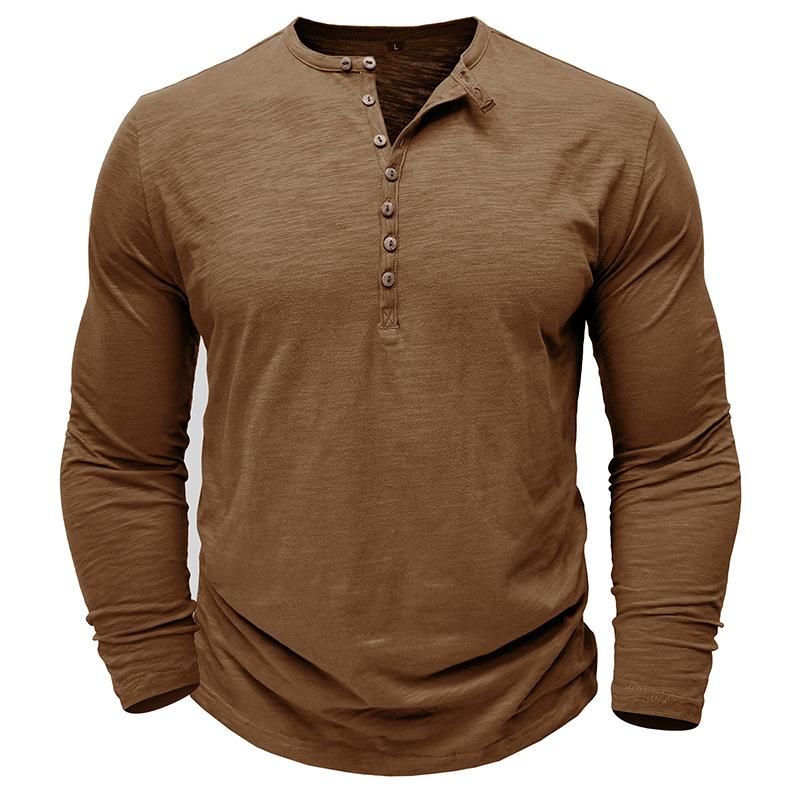 Herren Vintage Gewaschenes Henley-Shirt Langarm 7 Knöpfe Slub-Baumwolle Lässige T-Shirt-Oberteile