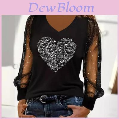 Long Sleeve T Shirt With Heart Pattern And Sequin Embellishments For Office Wear