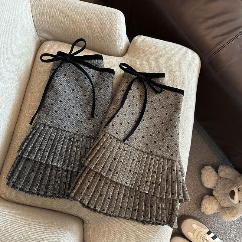 Korean Grey Polka Dot Woolen High-Waisted Mini Skirt with Bow Knot