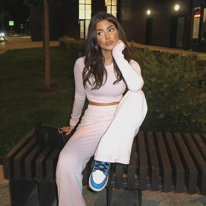 Y24ST593 Γυναικείο Μονόχρωμο Τοπ Μακρυμάνικο & Παντελόνι Ευρείας Γραμμής Κοστούμι για Φθινόπωρο - Ευρωπαϊκό & Αμερικάνικο Στυλ