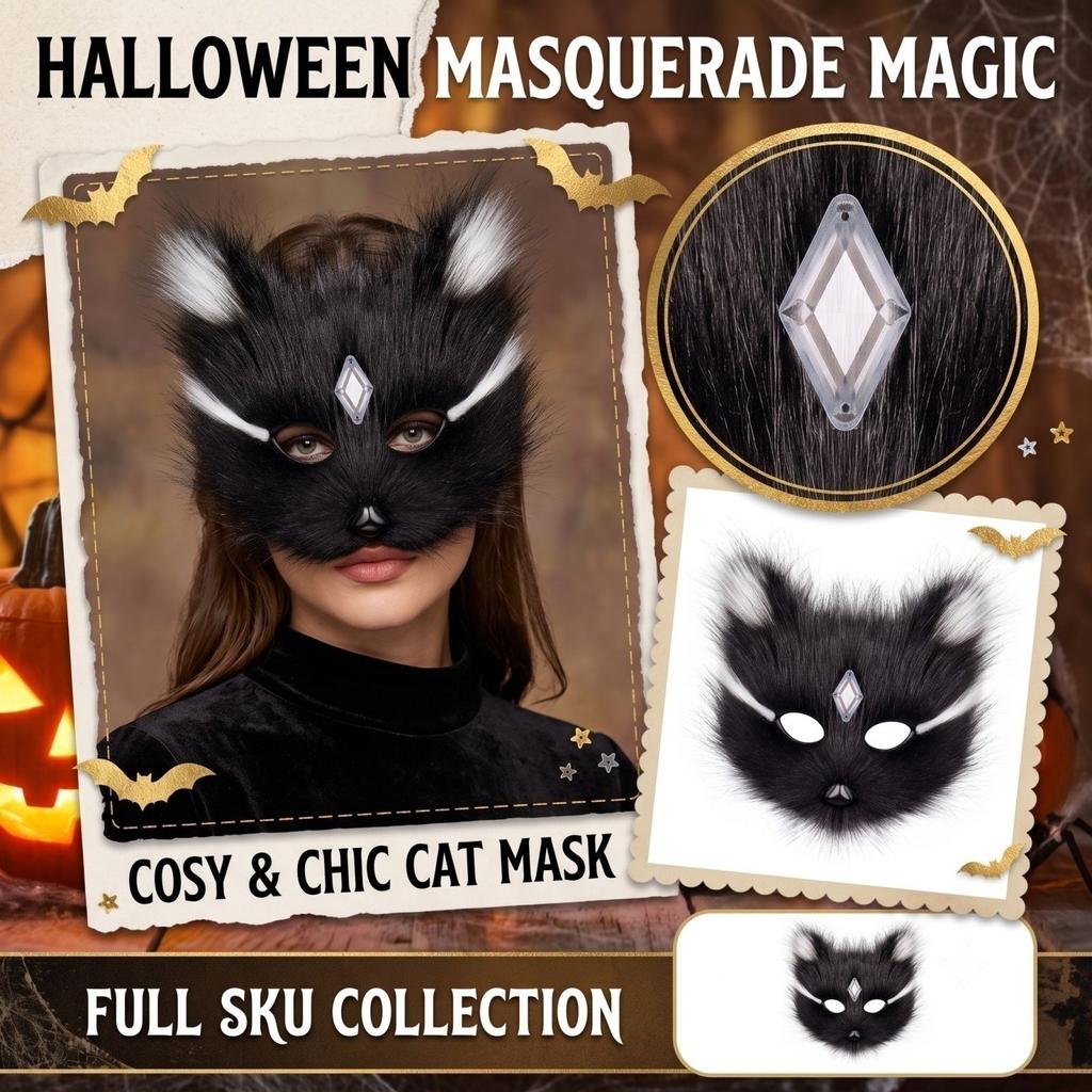 Jeweled Plush Half Face for Halloween Masquerade Ball Costume