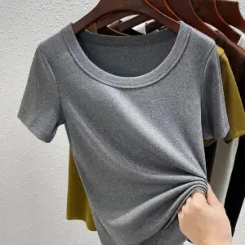 Womens Solid Color U-Neck Short Sleeve Fitted T-Shirt