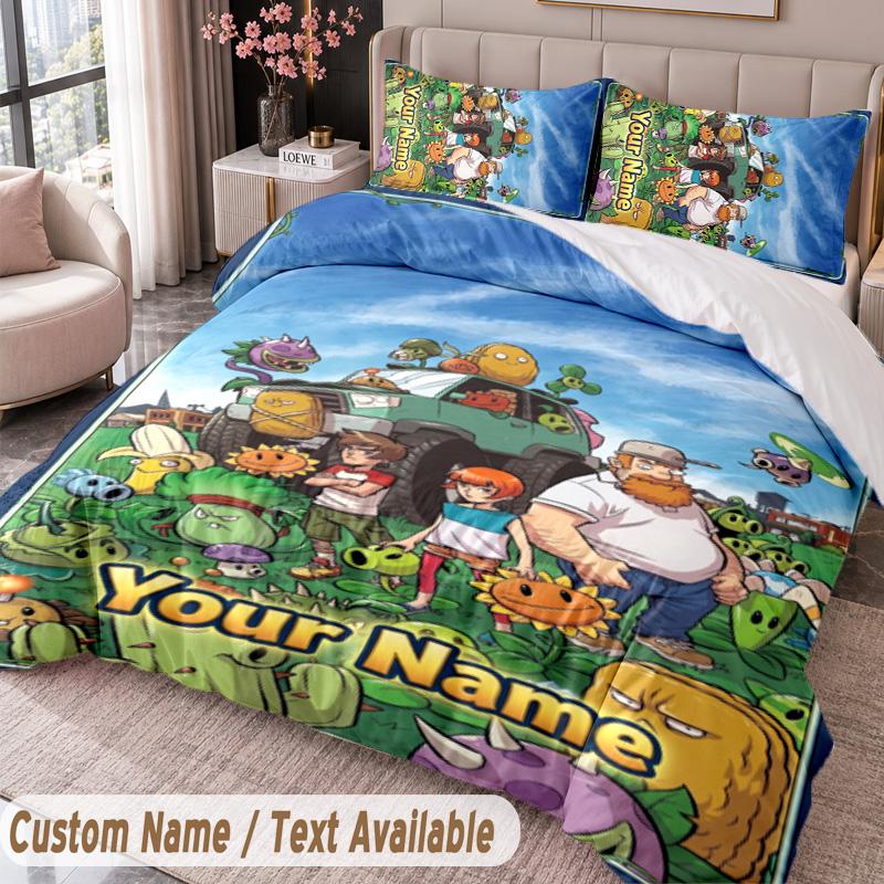 Custom Name Text 3Pcs Bedding Set Plants Vs. Zombies Duvet Cover And Two Pillowcases