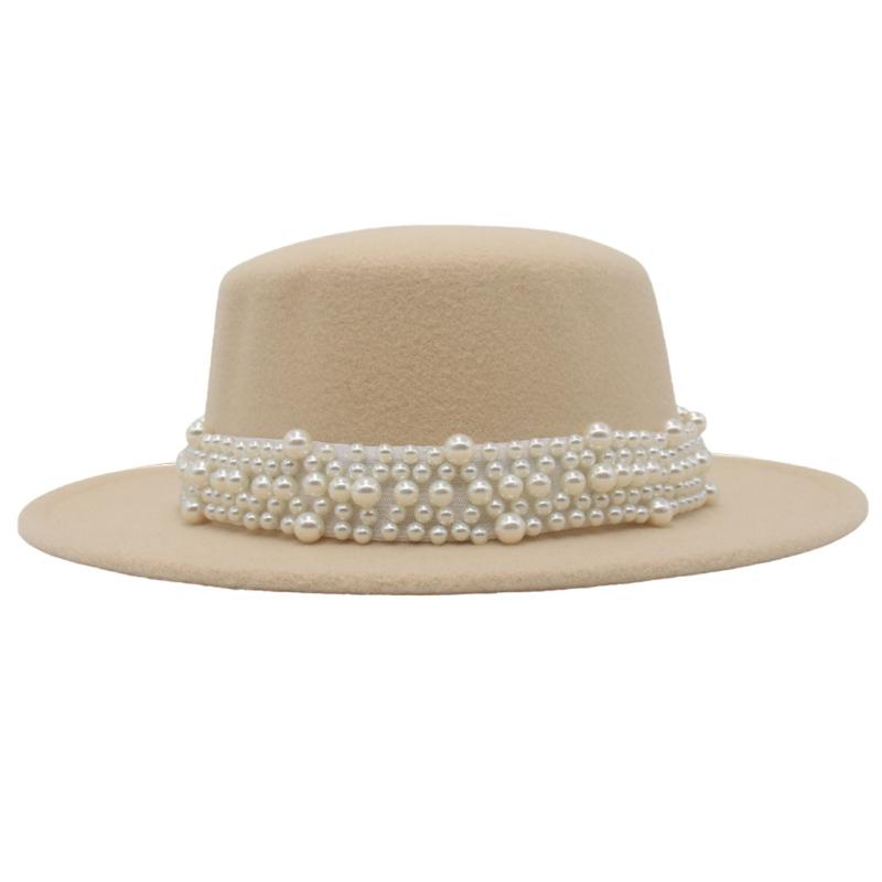 French Retro Woolen Top Hat Women'S Flat Top Pearl Felt Hat Wide Brim Sunshade Sunscreen Hat
