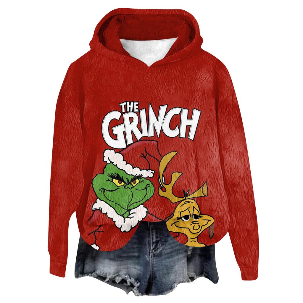 Women's Hooded Long Sleeve Christmas Printed Flannel Top Hooded Sweatshirt