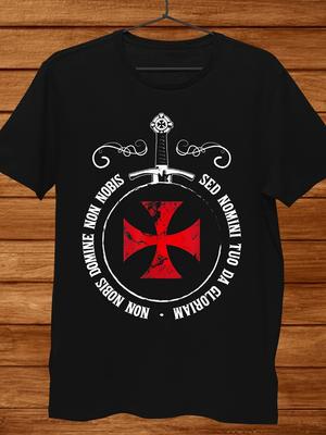 MenS Black TShirt with Knights Templar Cross Design Sed Non Nobis Motto Sword Floral Pattern Casual Cotton Blend AllSeason