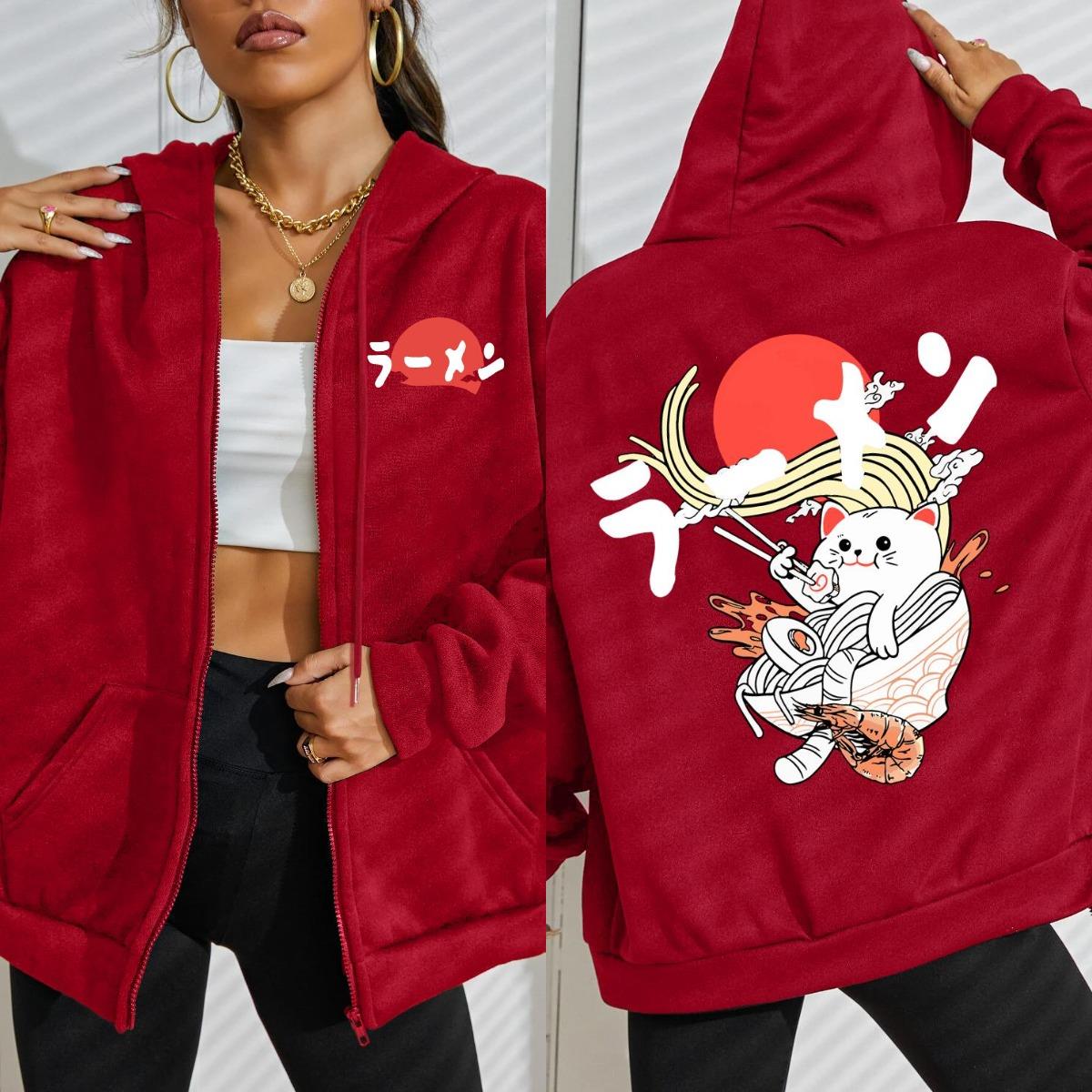 

Japanese Delicious Noodle Cat Prints Zipper Hoodie Women Street Fleece Hoody Fashion Sportswears Autumn Loose Sportswear 3XL