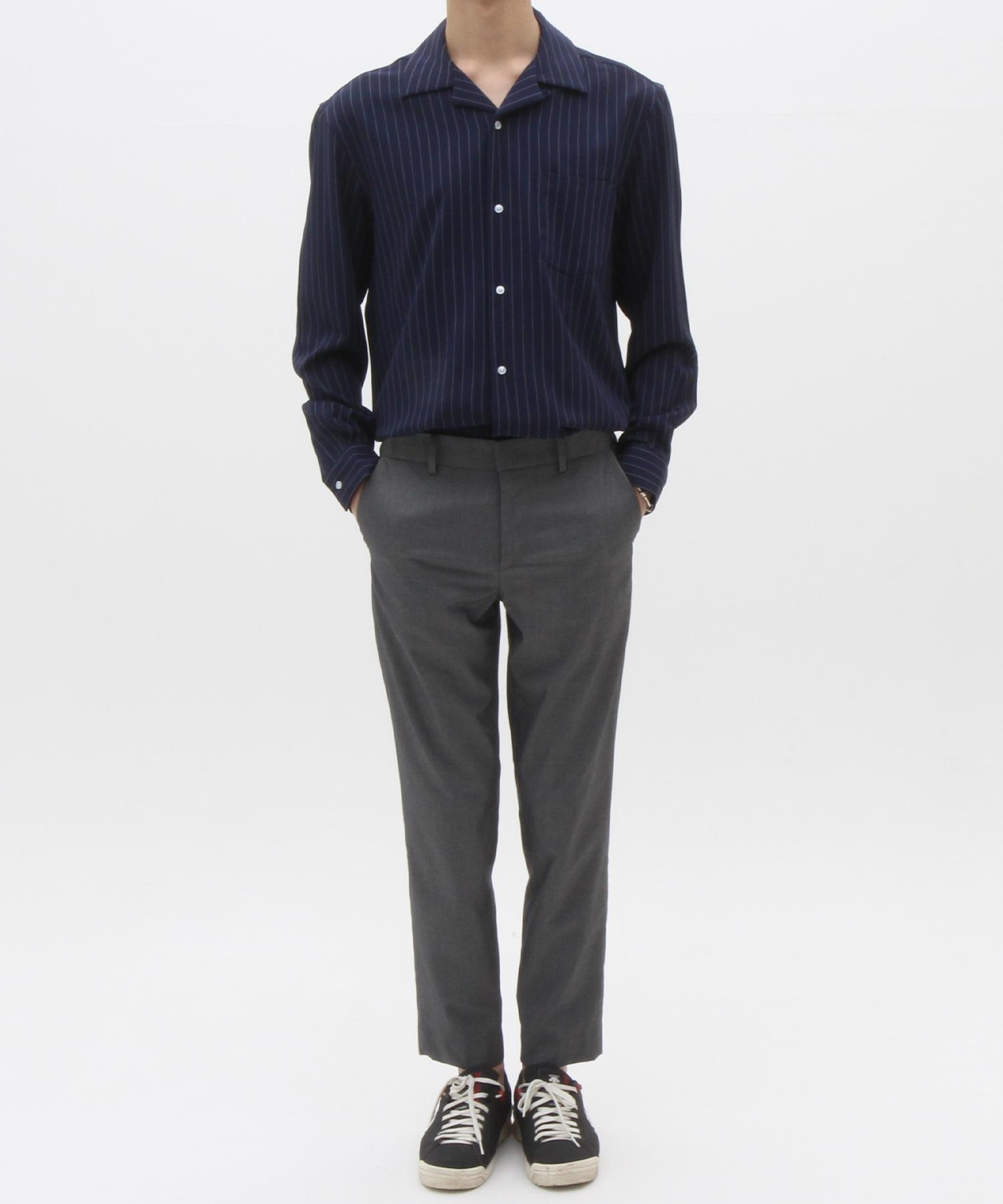 The Shirt Studio Navy Loose Fit Spandex Striped Open Collar Shirt 100
