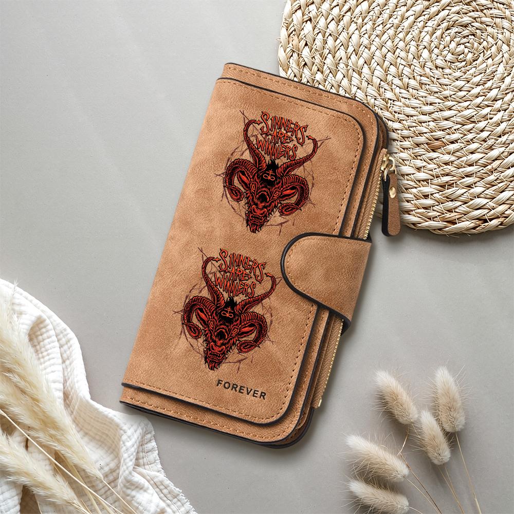 Gothic Baphomet Print Leather Wallet Long Card Holder Zipper Purse for Women