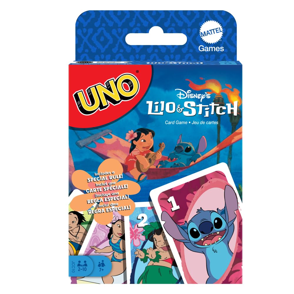 Mattel Games UNO Lilo & Stitch Party Supplies Card Game, 112 Cards, for 2-10 Players, Ages 7 and Up, Blue, JCC10