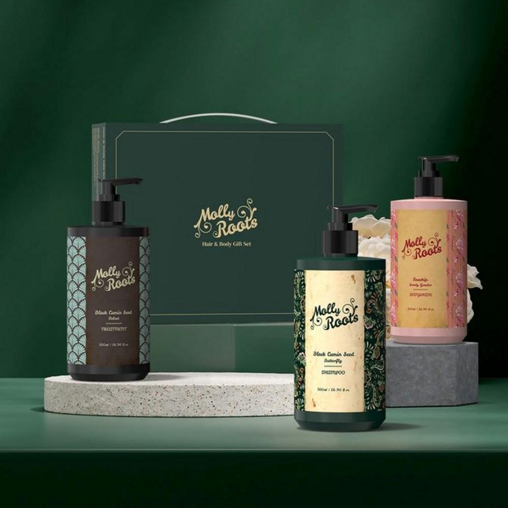 Mollyroot Black Cumin Seed Butterfly Shampoo + Velvet Treatment + Rosehip Sandy Garden Body Wash Set, 1 Set