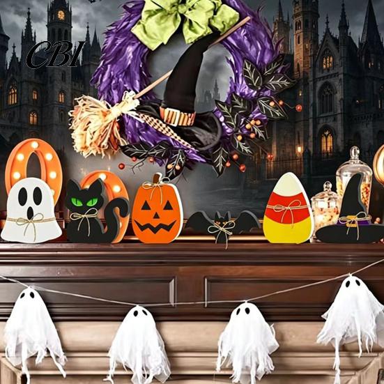 Tiered Tray Halloween Set 6Pcs Decor, Ghost Black Cat Mummy Figurines, Pumpkin Witch Decorations Hat Bat Wooden Ornaments for Shelf Table, Party