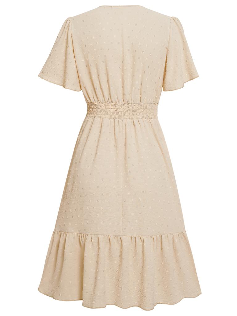 Women's Summer Casual Mini Dress - V-Neck, Ruffle Sleeves, With Pockets, Brown