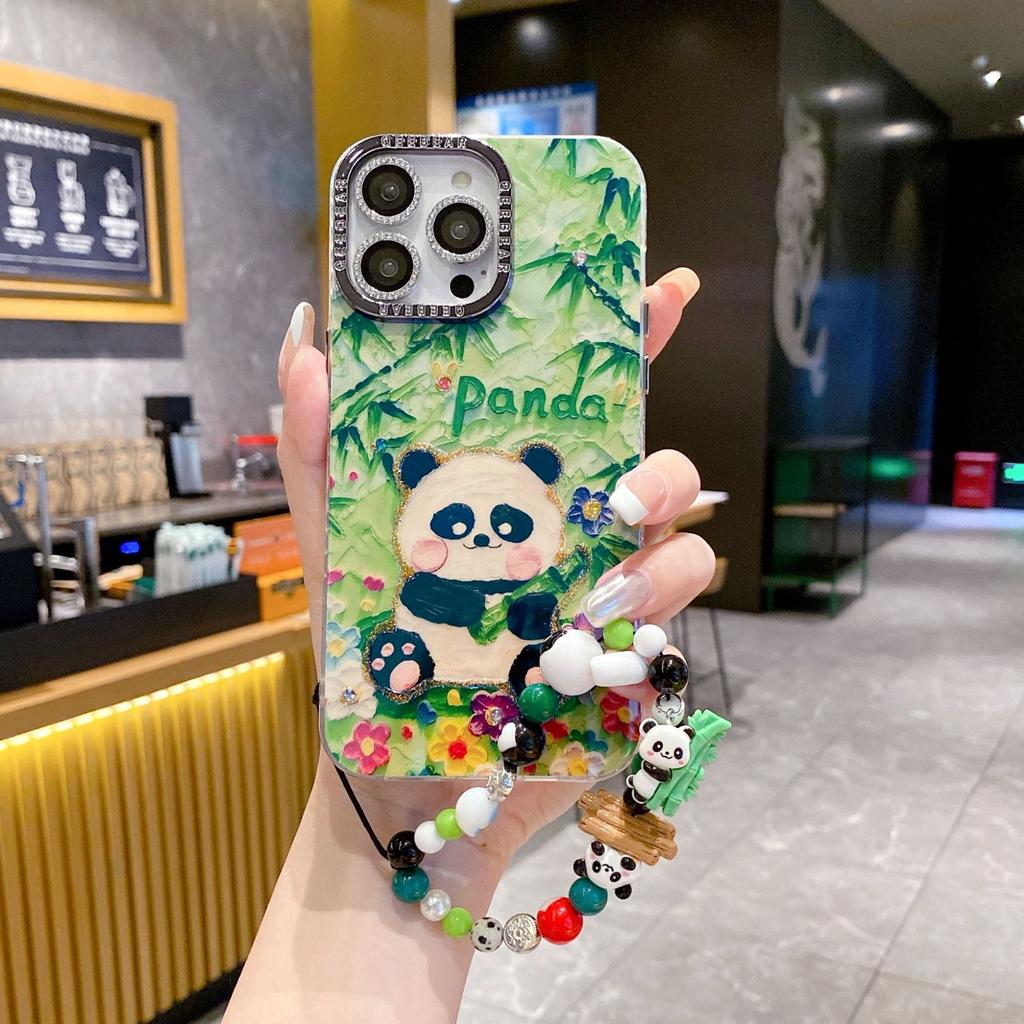 Cartoon Blue Light Panda Oil Painting Apple 15 Sparkling Diamond Lens Film Phone Case Suitable for IPhone14 Bead Bracelet