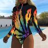 Women Long Sleeve One Piece Swimsuit Zip Front  Tie-dye Print Rash Guard Surfing Bathing Suit