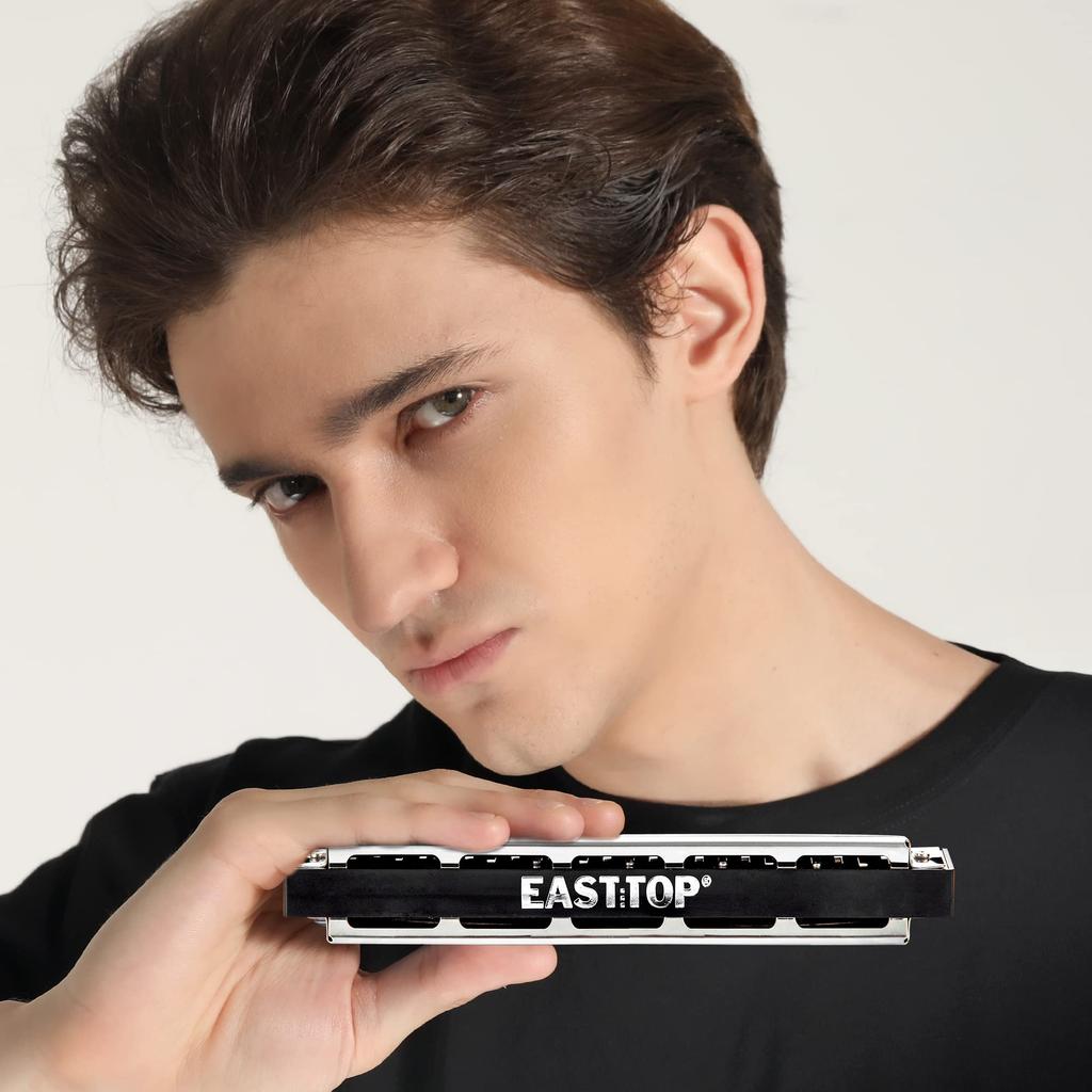 EAST TOP C Tremolo Professional Stainless Steel with Leather Cleaning and Airtight Design for Beginners and Advanced Players 24-Hole Harmonica, Grade,