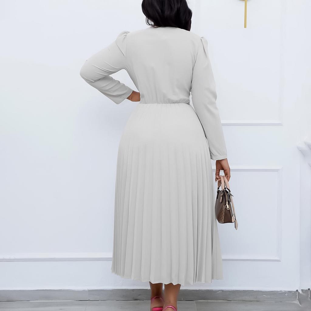 IHUASU Dame Langermet Snøring Ensfarget V-hals Slim Plissert Plussstørrelse Kjole