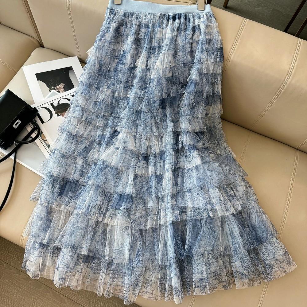 Qooth Women A-line Tulle Gradient Ruffle Skirt Wide Hem Mid Length Elastic Waist Casual Skirt QT2636