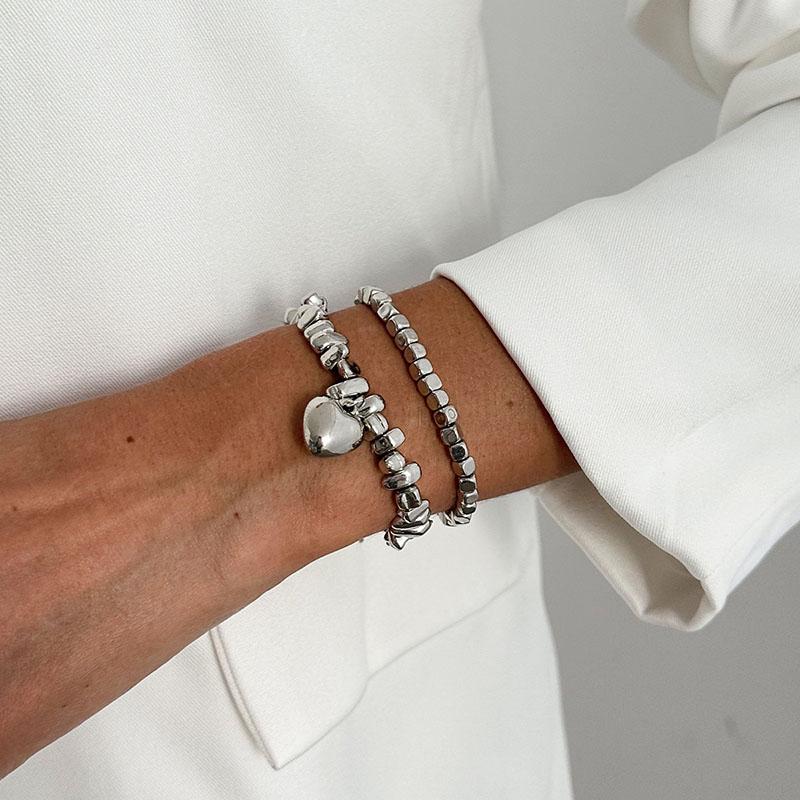 4Pcs/Set New Imitation Pearls Metal Heart Pendant Bracelets Women Fashion Creative Sliver Color Cube Chain Jewelry Gifts