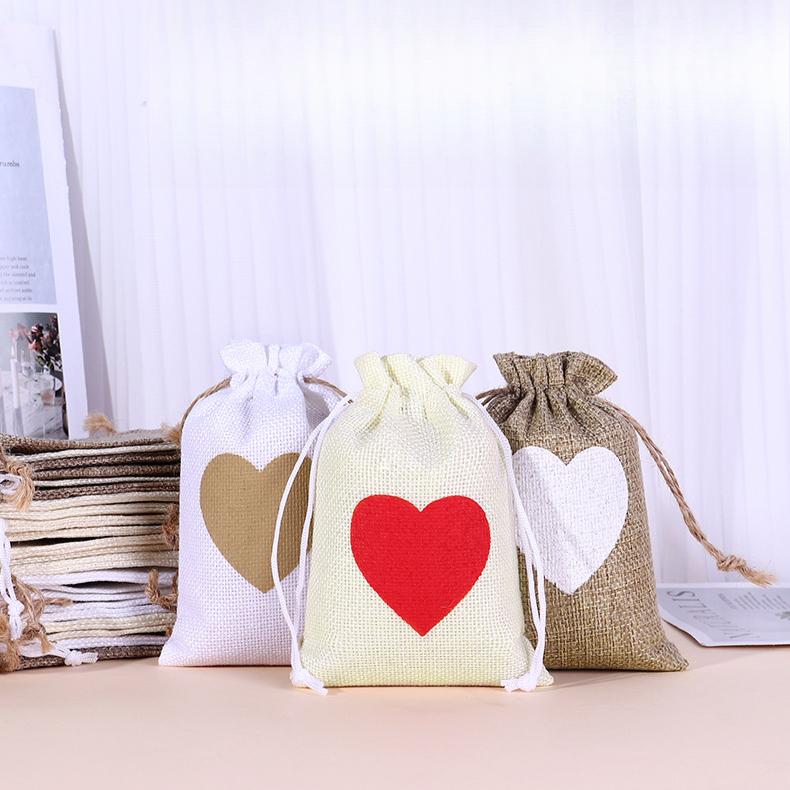 20pcs Heart-shaped Linen Drawstring Bag Valentine's Day Wedding Candy Gift Packaging Bag Drawstring Bag