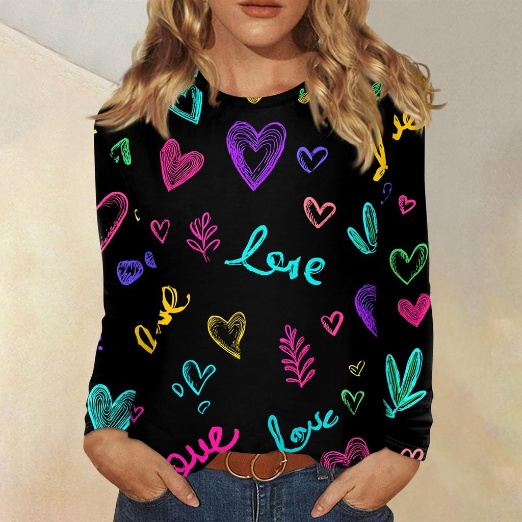 Damen Valentinstag Modisches Herzmuster Rundhals Langarm Pullover Top