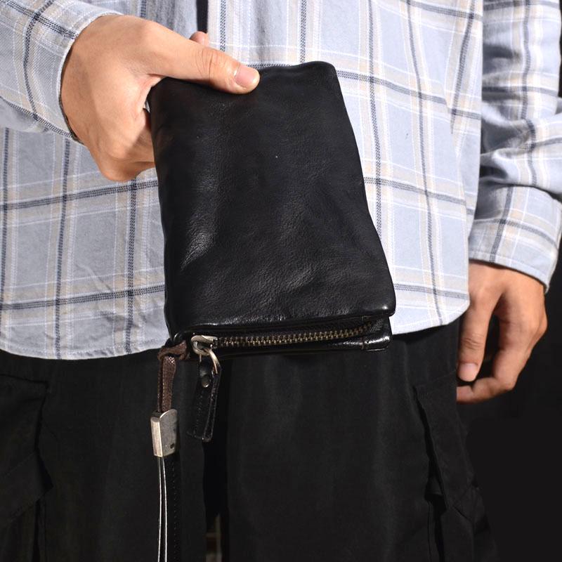 Retro Pleated Genuine Leather Long Wallet with Card Slots and Bill Compartments