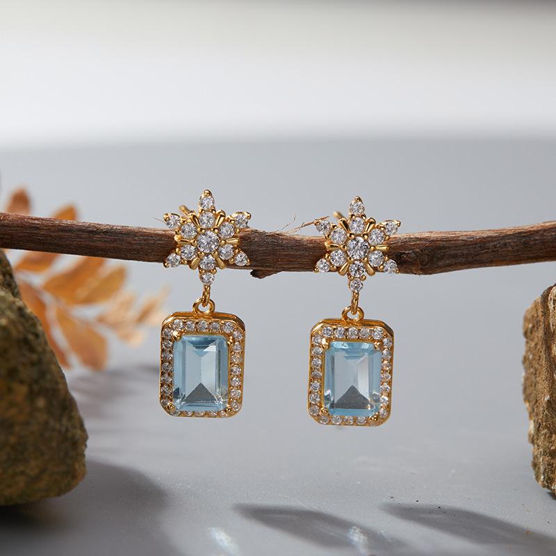 Niche High-End Sense S925 Sterling Silver Natural Colored Treasure Sugar Snowflake Earrings Light Luxury Non-Fading Jewelry Elegant Design
