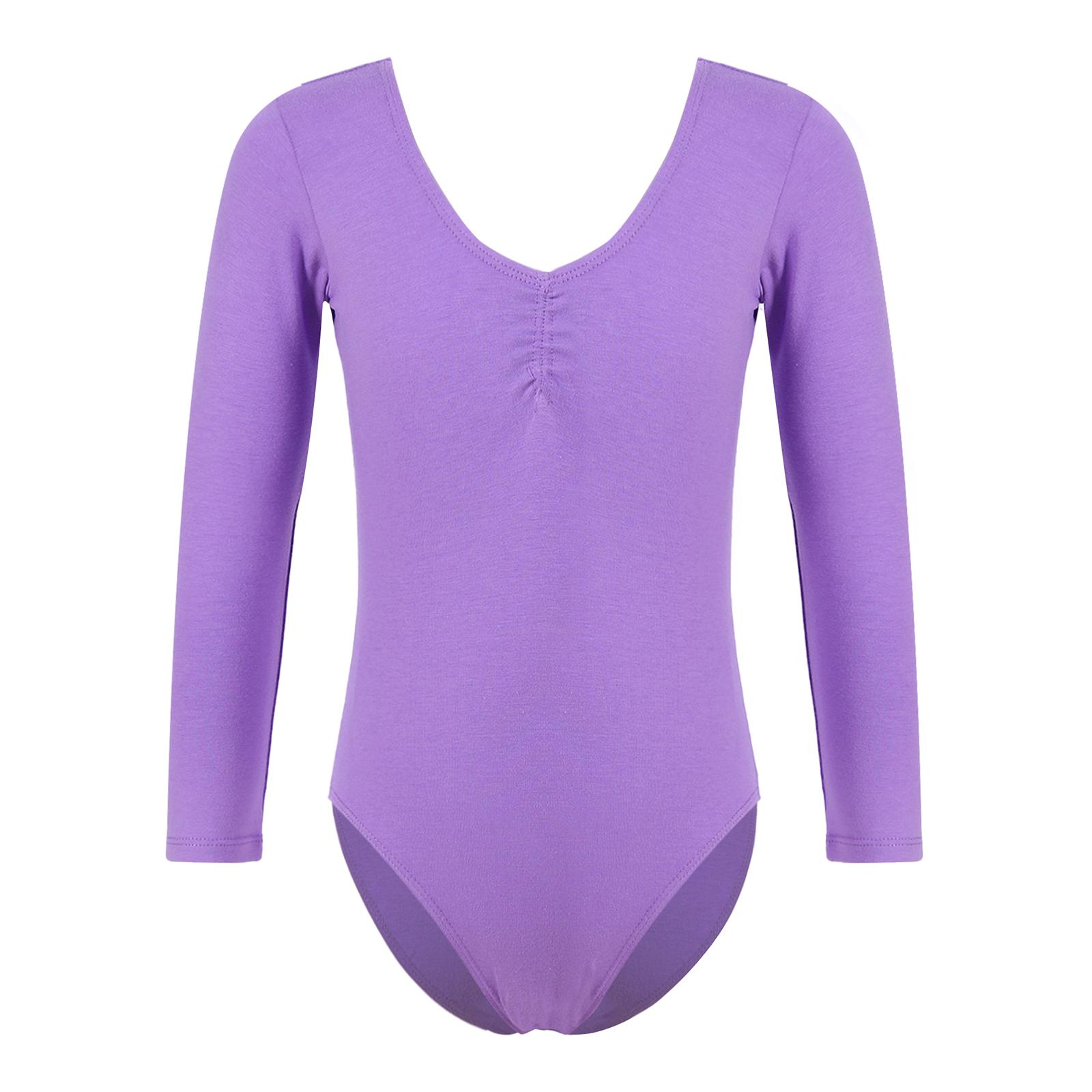 

Girls Long Sleeve V Neckline Gymnastic Practice Leotard Ruched Front Solid Color Design Dance Leotard 13-14 Years світло-фіолетового кольору