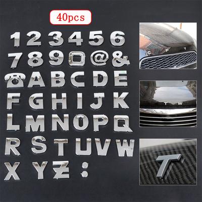 40Pcs/set 3D Chrome Silver DIY Alphabet Letter Number Symbol Emblem Badge Decals Car Stickers Car Exterior Decor Accessories