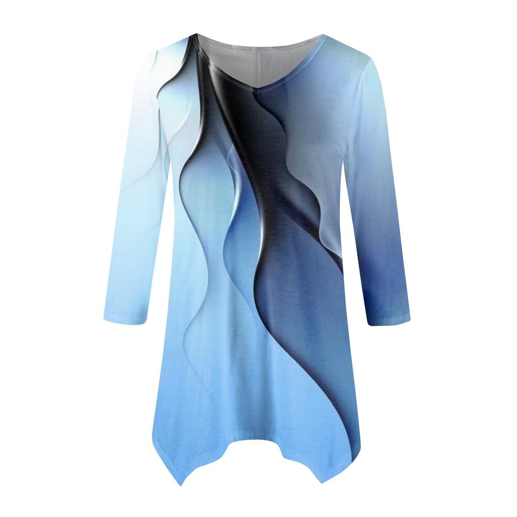Moda Donna Casual Scollo a V Colore a Contrasto Stampato Manica a Sette Punti Camicia Cinturata Top Ampio Confortevole