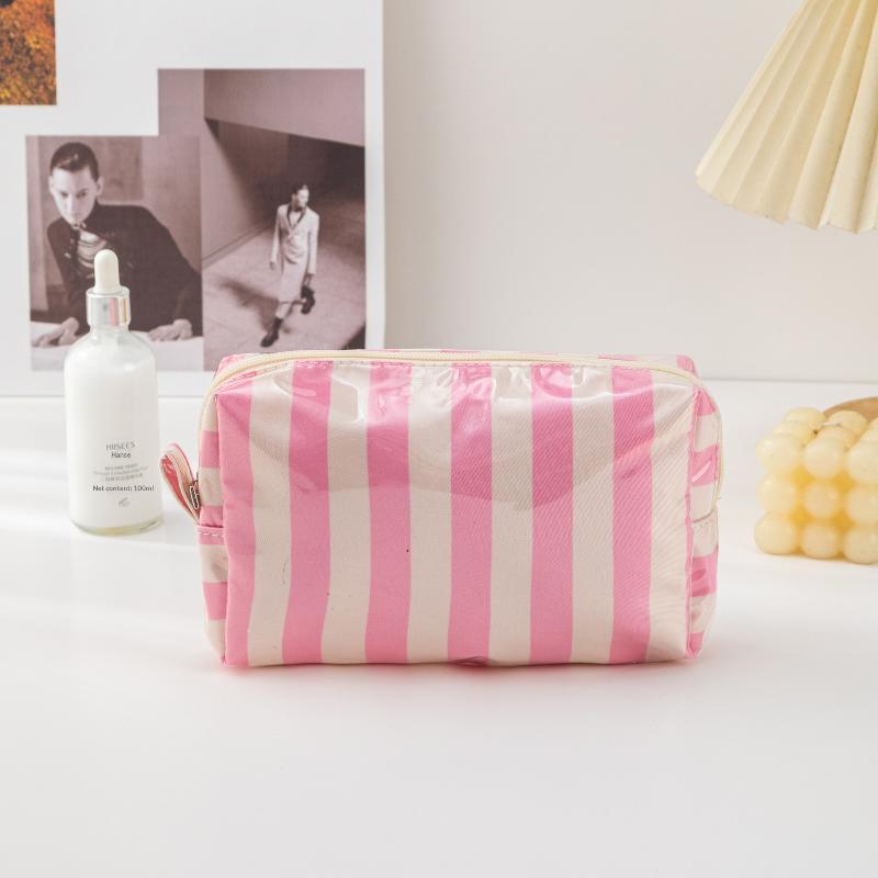 Pvc Striped Cosmetic Bag Makeup Bag With Zipper Waterproof Travel Toiletry Bag Makeup Brush Case 1Pc