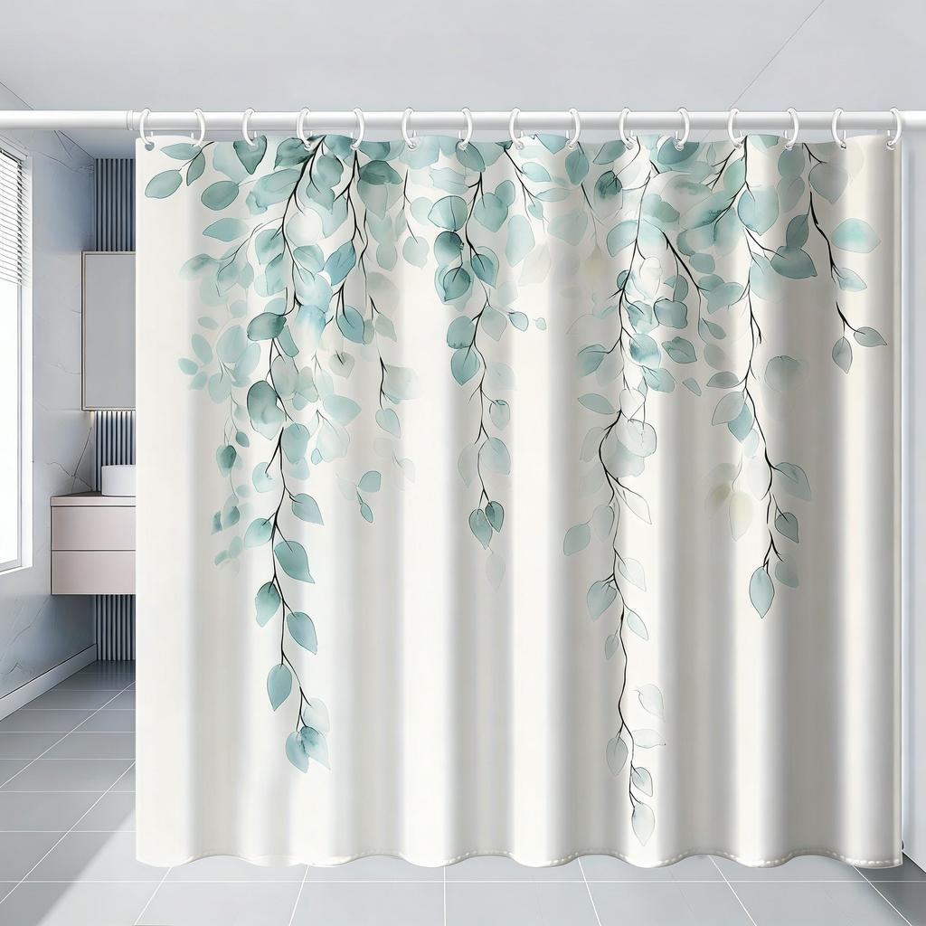 Watercolor Green Hanging Leaves Waterproof Shower Curtain For Bathroom Decor