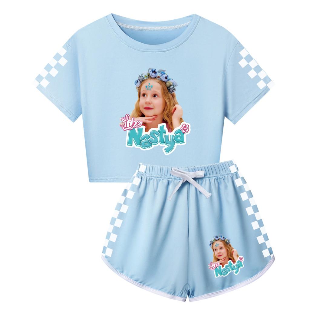 

5530 Kids Girls Nastya Print Short Sleeves T-Shirt Shorts Pants Sport Clothes Set 110cm світло-синій колір
