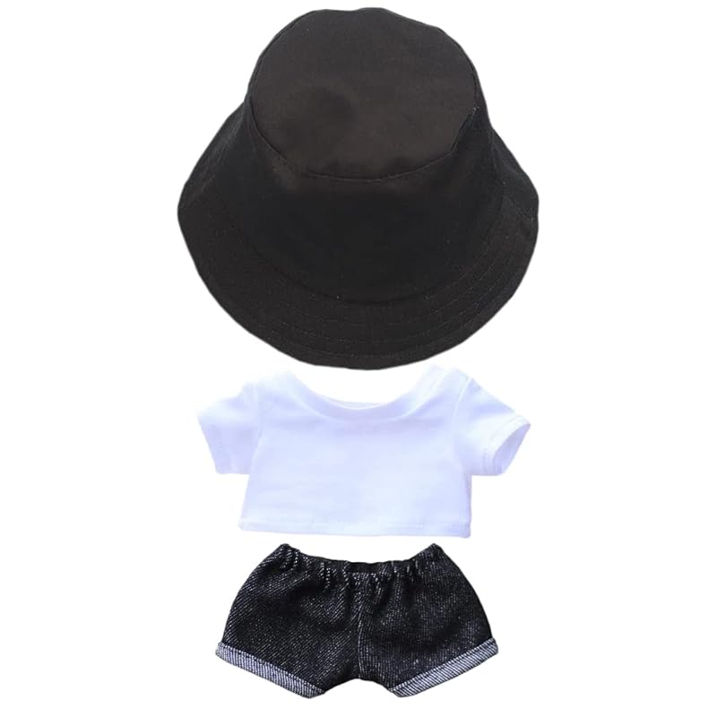 niannyyhouse 15cm Plush Doll Clothes Set: Hat, T-Shirt, and Pants, 3-Piece Set Includes Fisherman's Hat, White T-Shirt, and Jeans, Cotton Doll Clothes