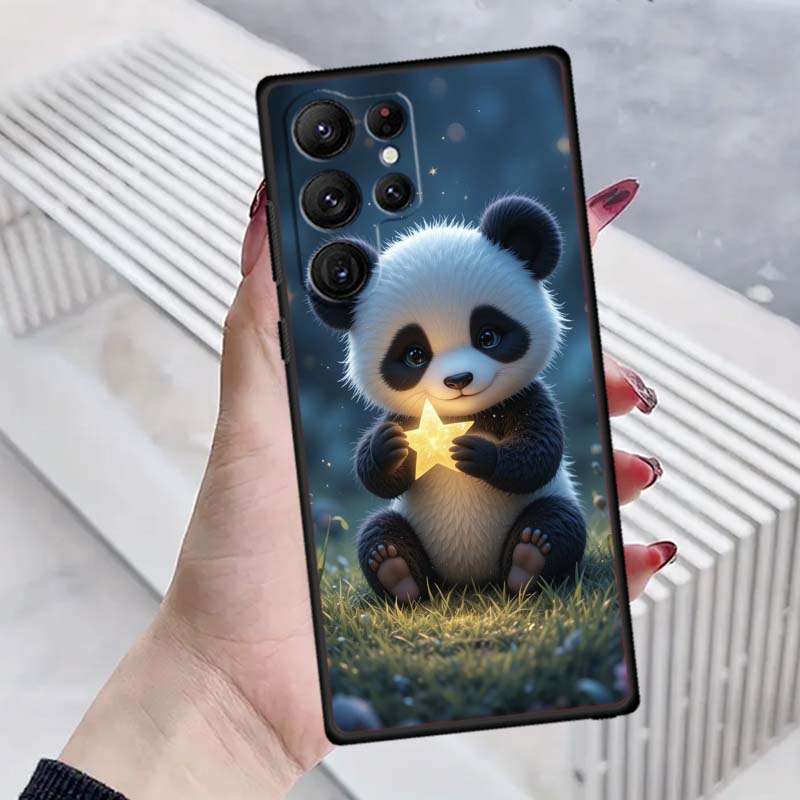

Cartoon Anime Panda Cute Phone Case For Samsung Galaxy S26 S25 S24 S23 S22 S21 S20 Ultra Plus FE 5G Black Soft TPU Galaxy S24 FE