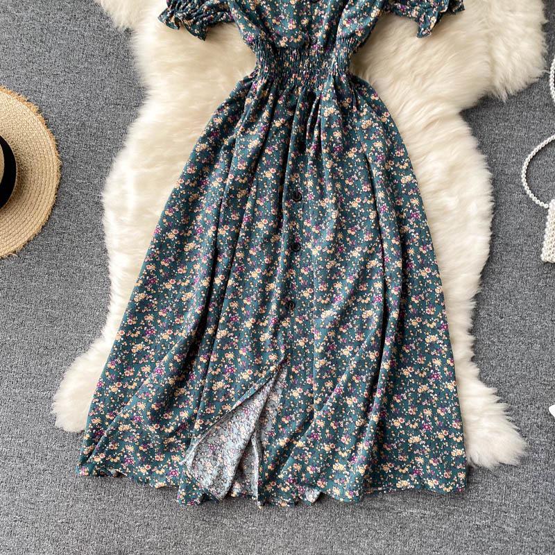 French-Style Retro Floral Dress with Puff Sleeves and Button-Up Slim Fit