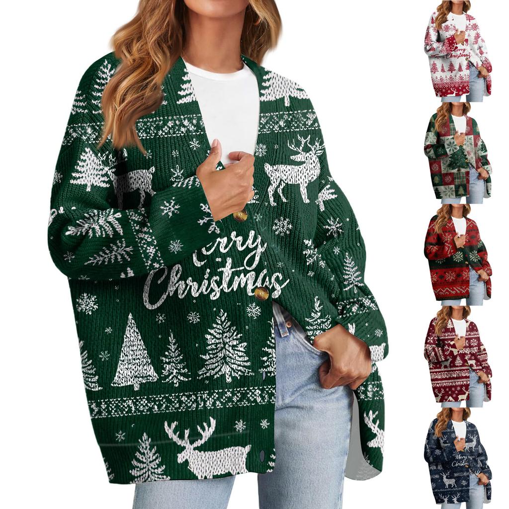 Women's Fashion Long Sleeve Christmas Print V-Neck Button Loose Cardigan Top